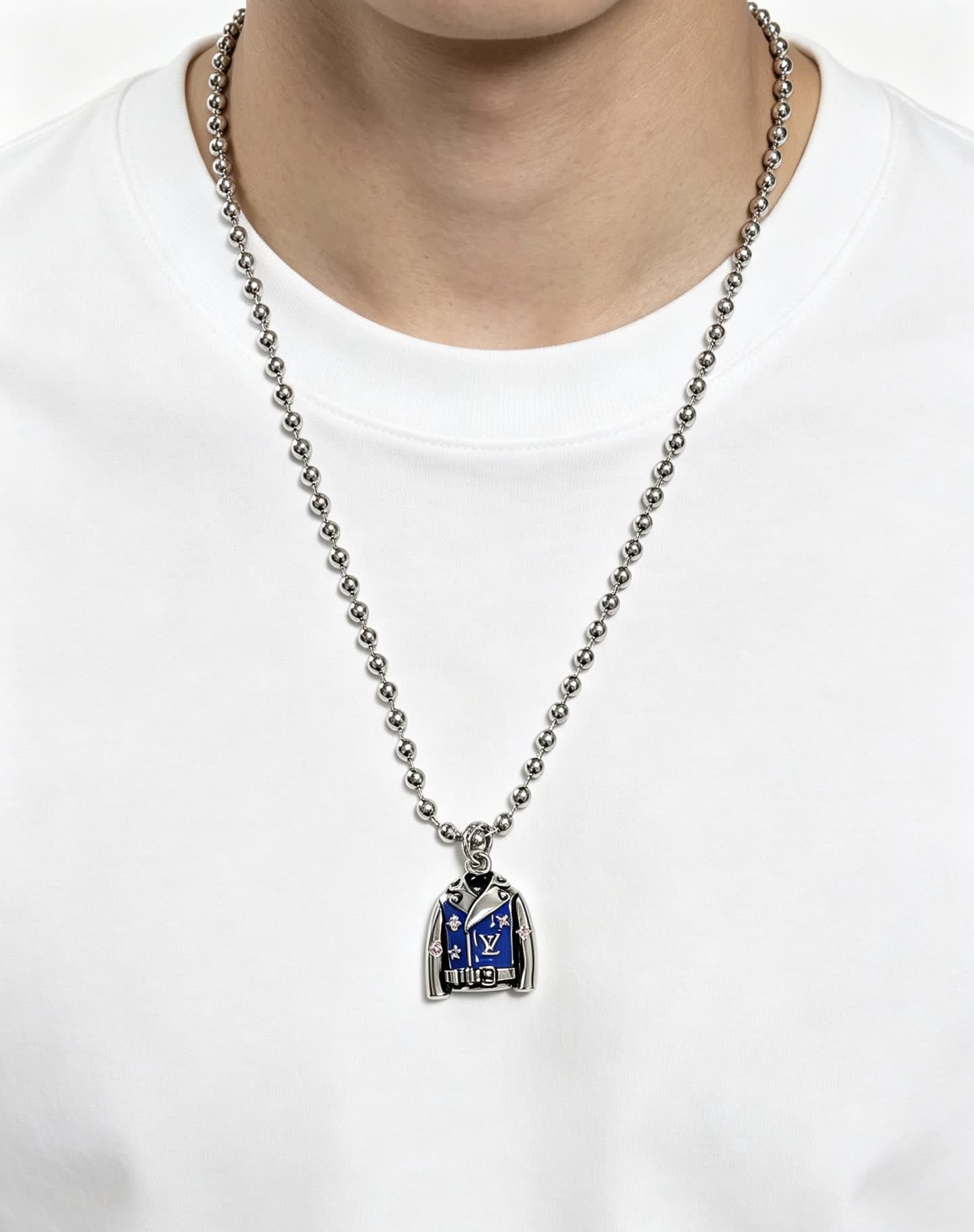 Louis Vuitton Silver Beaded Necklace with Blue Enamel Charm
